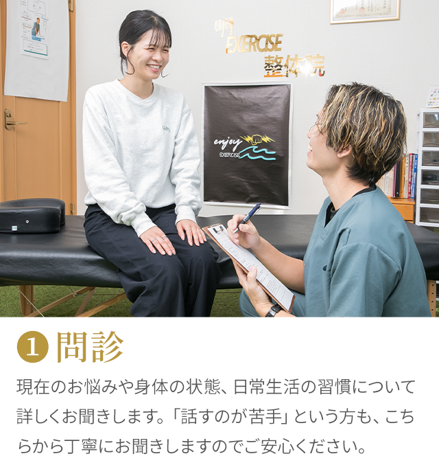 1 問診：現在のお悩みや身体の状態、日常生活の習慣について詳しくお聞きします