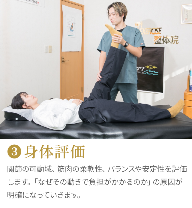3 身体評価：関節の可動域、筋肉の柔軟性、バランスや安定性を評価します